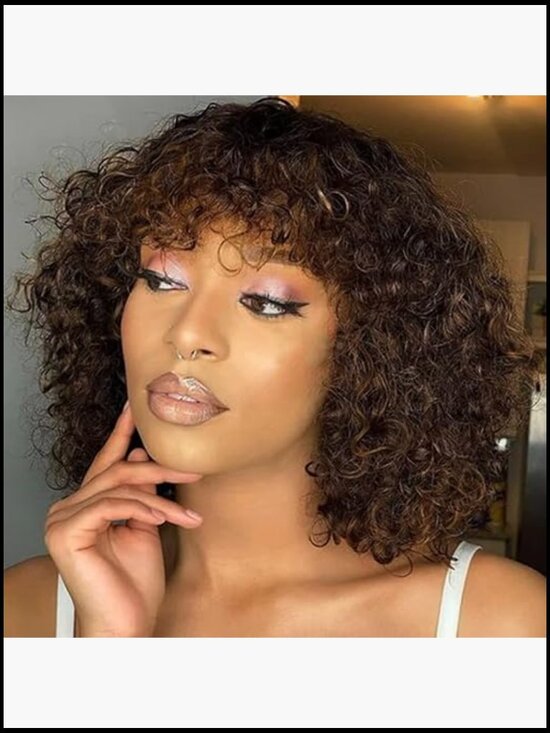 10 Inch Short Curly Water Wave Bob Wig Human Hair With Bangs Glueless 150%